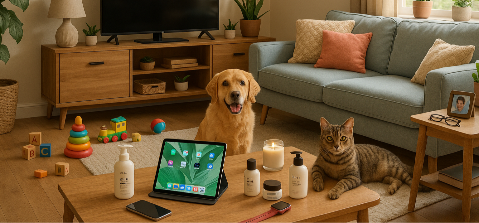 Hogar de familia con elementos de hogar, cuidado personal, juguetes, mascotas y tecnología